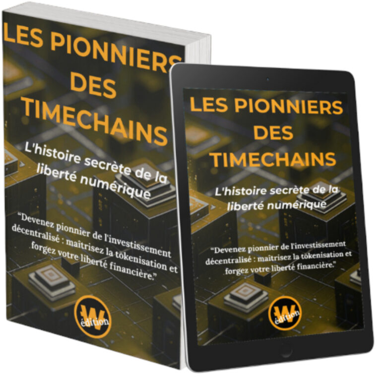 Maquette du livre papier et de la version ebook sur tablette de "Les Pionniers des Timechains" de Sébastien Legrand.