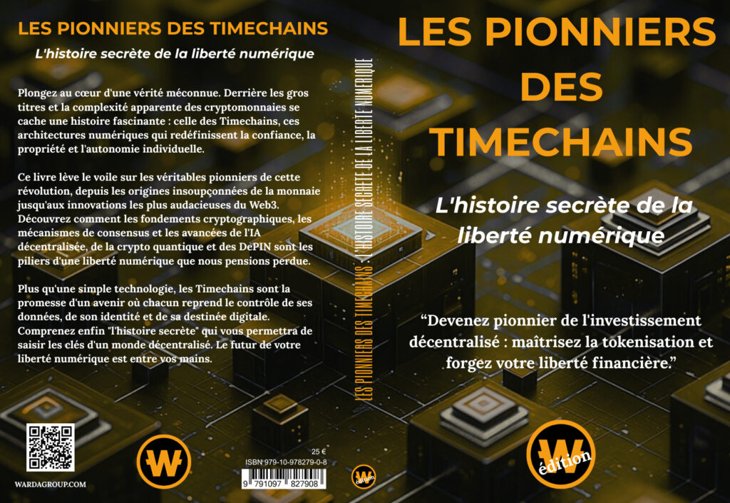 Maquette complète de la couverture, du dos et de la 4ème de couverture du livre "Les Pionniers des Timechains".